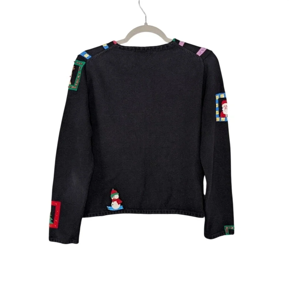 Michael Simon Christmas Cardigan Black M‎ Beaded Window Applique 2001 Y2K